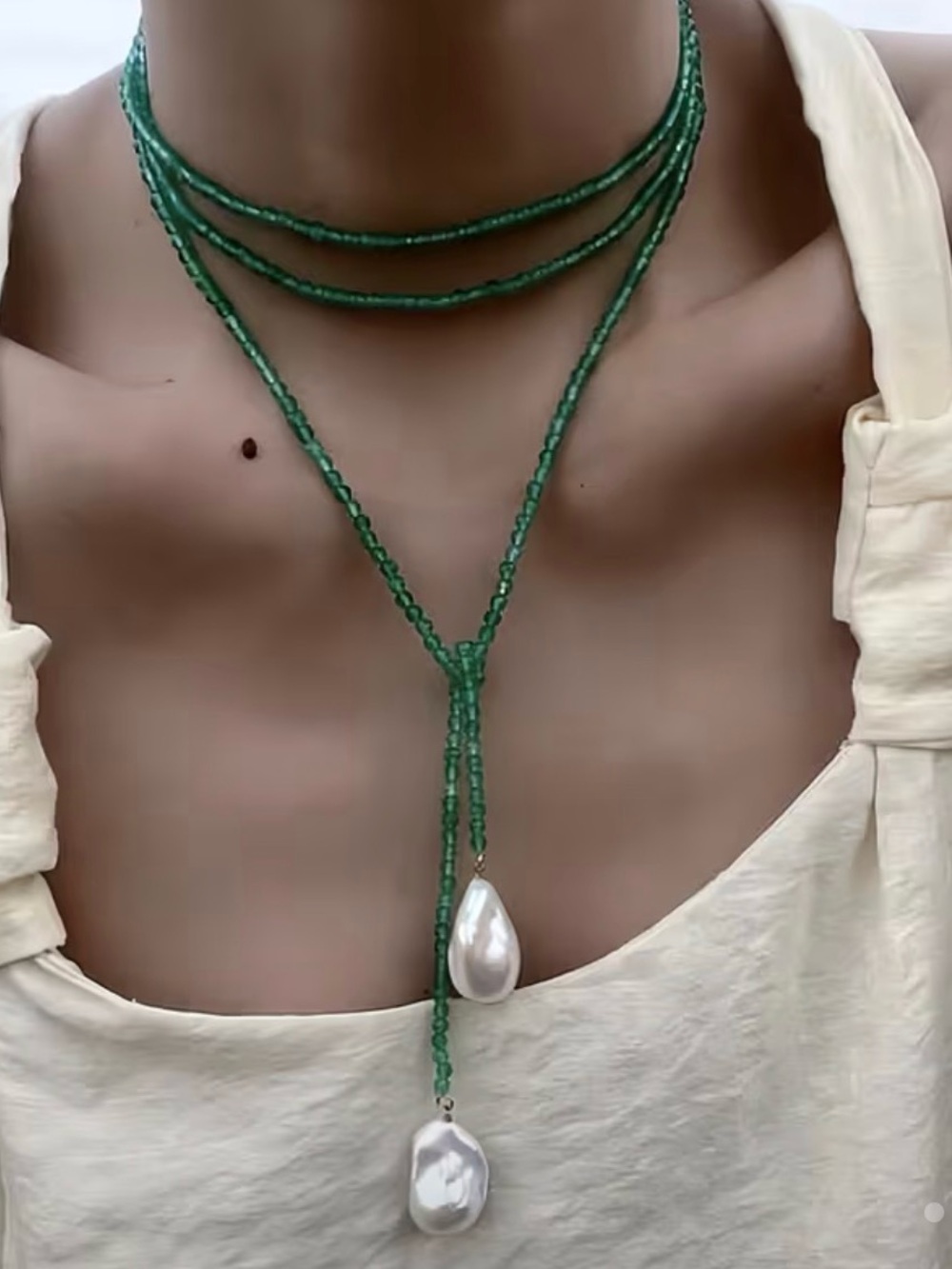Layered Green Bead Lariat Necklace with Pearl Drops